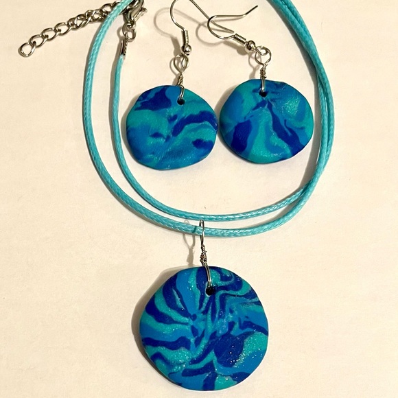 Handcrafted Clay Necklace and Earrings Blue Swirled Design One of a Kind - Picture 1 of 7